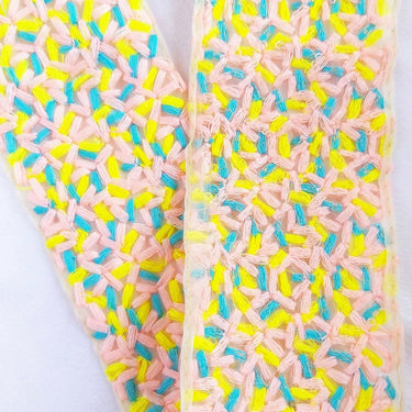 Beige Sheer Tissue Fabric Trim With Cotton Thread Embroidery In Pink, Yellow And Blue, Fabric Lace